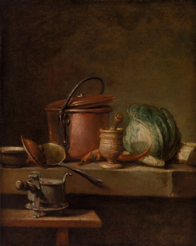 Stilleben med kopparkruka, kål, mortelstöt och spis av Jean Baptiste Simeon Chardin