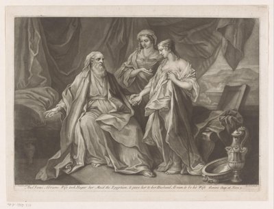 Sara stelt Hagar voor aan Abraham Och Sarai Abrams hustru tog Hager sin piga den egyptiska och gav henne till sin man Abram för att vara hans hustru (titel på objektet) av Jean Simon