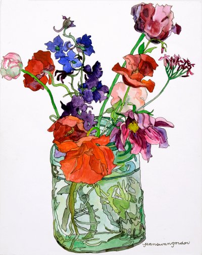 Delphiniums, Poppies  Others in Jar, 2011 (akvarell  tusch på papper) av Jean Swan Gordon