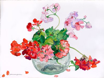 Geraniums at Ease in Glass Bowl (akvarell  tusch på papper) av Jean Swan Gordon