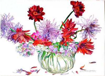 Gerbera, Betlehemsstjärna, spindelkrysantemum, Heisey-kanna, 2000 (akvarell  tusch på papper) av Jean Swan Gordon