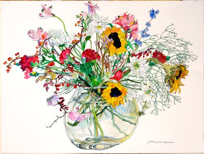 Sensommar i glasskål (akvarell  tusch på papper) av Jean Swan Gordon