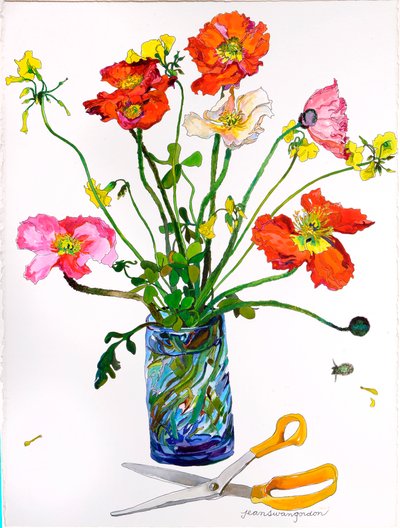 Poppies, Blue Vase  Scissors (akvarell och bläck på papper) av Jean Swan Gordon