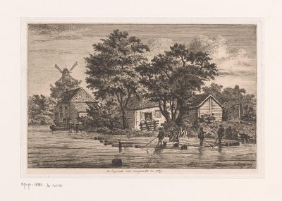 Utsikt över den engelska västen i Antwerpen där trädstammar samlas, i bakgrundsbyggnaderna och en väderkvarn Den engelska västen färdigställd 1867 (titel på objekt) av Jean Théodore Joseph Linnig