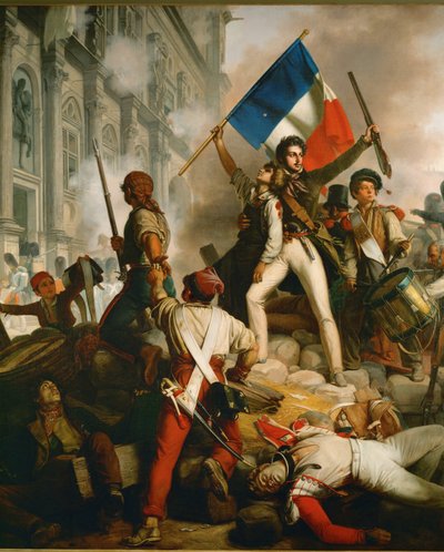 Gatustrid framför stadshuset i Paris ... (olja på duk) av Jean Victor Schnetz