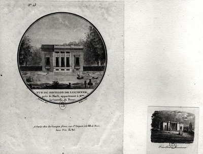 Utsikt över en paviljong i Louveciennes byggd av Claude-Nicolas Ledoux (1736-1806) för Madame du Barry (wc på papper) av Jean Testard