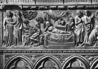 Katedral, interiör, körskärm, Visitation, Bebådelse för herdarna, Födelse, c.1340-51 (polykrom sten) av Jean and Jean Le Boutellier Ravy