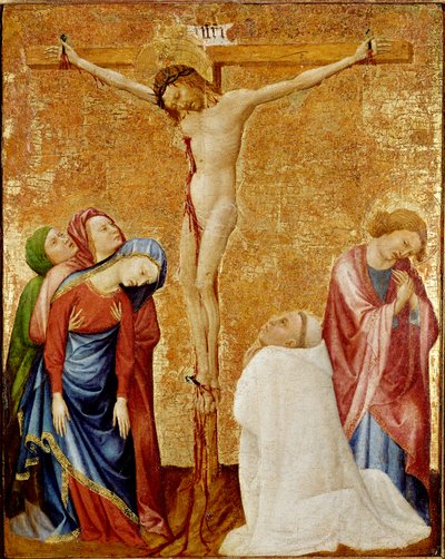 Golgata till kartusermunken. De tre jungfrurna och Sankt Johannes omger korset. En kartusisk munk knäböjer vid Kristi fot. Målning av Jean de Beaumetz (1361-1396) av Jean de Beaumetz