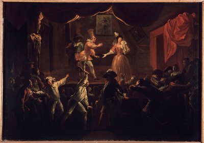 Beklagliga framgångar för detta stycke. En av palmspelare vars kläder hade varit derobe, ger ett stort racket till La Rapiniere. Målning som illustrerar "The Comic Roman" av Paul Scarron (1610-1660). Olja på duk av Jean-Baptiste (Jean Baptiste) Coulom (ell av Jean de Coulom