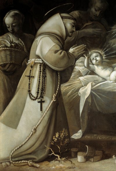 Tillbedjan av herdarna En munk som ber inför Jesusbarnet. Målning av Jean de Saint Igny av Jean de Saint Igny
