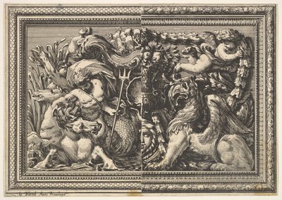 Design för en panel med två varianter innehållande en Hippocamp och en Griffin, från: Ornements..., 1651. av Jean le Pautre