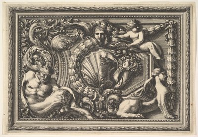 Design för en panel med två varianter innehållande en Satyr och en Sphynx, från: Pannea..., 1600-talet. av Jean le Pautre