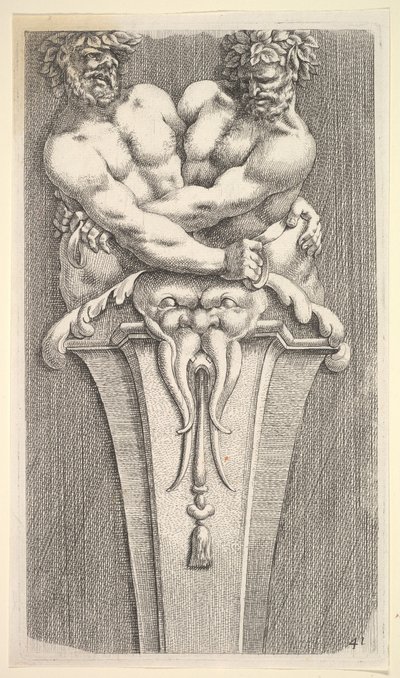 Design för en termin med två bacchiska figurer, från: Curieuses Recherches de Several Beaus..., 1645. av Jean le Pautre