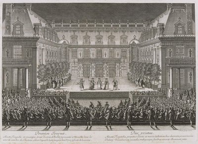 Jean-Baptiste Lullys opera Alceste framförs på marmorgården vid Palace of Versail av Jean le Pautre