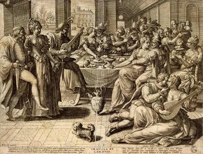 Middag av Jan Sadeler I (1550-1600), gravyr av Jean or Johann Sadeler