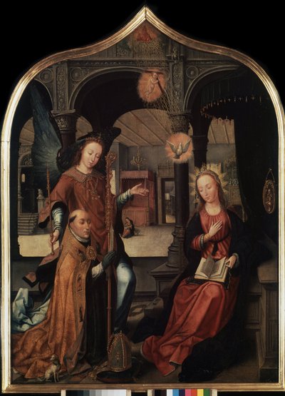 ""representation av tillkännagivandet med skyddshelgonet Guillaume av Bryssel"" Central panel i triptyken av tillkännagivandet (Bekännelsen). Målning på trä av Jean Bellegambe den äldre (1470-1534) Sankt Petersburg, Eremitaget av Jean the Elder Bellegambe