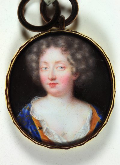 En dam i en orange fodrad blå klänning (emalj) av Jean the Elder Petitot