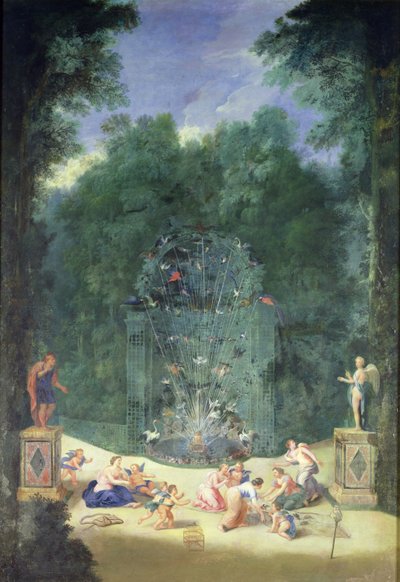 The Groves of Versailles: Utsikt över ingången till labyrinten med fåglar, nymfer och keruber, 1688 av Jean the Younger Cotelle
