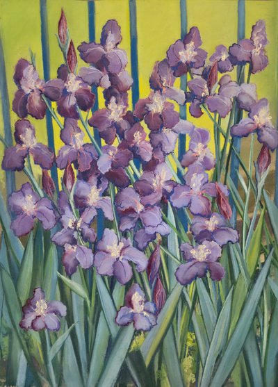 Purple Irises, 2023 (pastell på papper) av Jeanne Maze