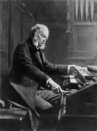 Cesar Franck vid orgelkonsolen vid St. Clotilde-basilikan, Paris, 1885 av Jeanne Rongier