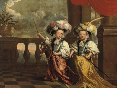 Ett dubbelporträtt av två pojkar i full längd, klädda som riddare, den ene med en flöjt, den andra på en hobbyhäst med en piska, båda stående på en balkong, 1668 av Jeanne Vergouwen