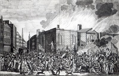 En exakt representation av upprorsmakarnas brännande, plundrande och förstörelse av Newgate den minnesvärda 7 juni 1780, graverad av Henry Roberts, 1781 av Jefferyes Hammett O