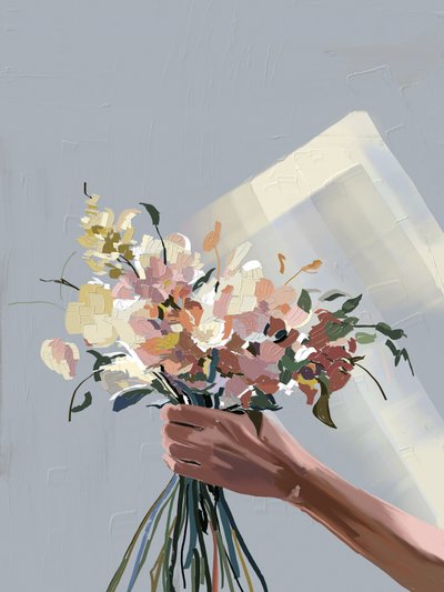 Hand som håller pastellfärgade blommor av Jenna Alheit