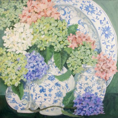 Hydrangeas, 2018 (akryl på duk) av Jennifer Abbott