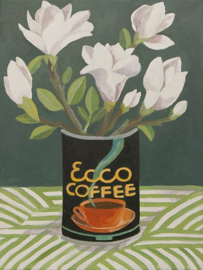 Vit magnolia i gammal kaffeburk (akryl) av Jennifer Abbott