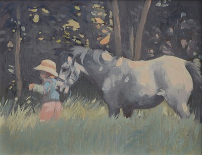 Caroline och ponnyn Rosie (olja på duk) av Jennifer Wright