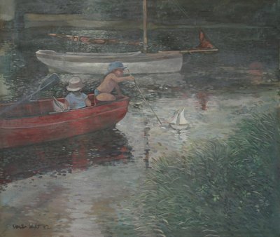 Barn som seglar en yacht (olja på duk) av Jennifer Wright