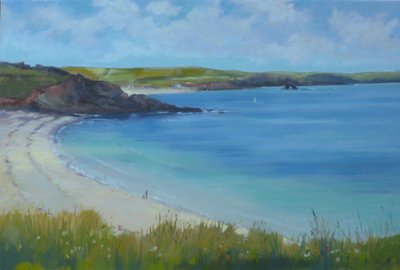 Thurlestone Beach, lugn sommardag, 2016, olja. av Jennifer Wright