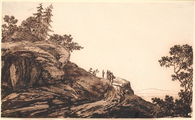 Berglandskap med människor och åsnor på en väg av Jens Juel