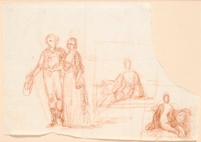 Kompositionsutkast till familjebilden Ryberg; till höger, utkast till en sittande kvinnofigur av Jens Juel