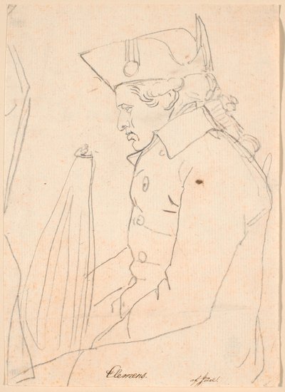 Porträtt av gravören J.F. Clemens. Tre fjärdedels figur sittande i profil till vänster av Jens Juel