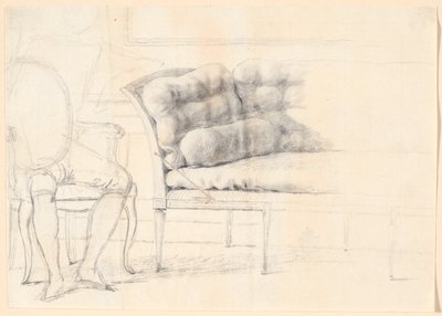 Studie till familjeporträttet Holmskiold från 1787: den stoppade soffan, och till vänster en stol med Holmskiolds figur skisserad av Jens Juel