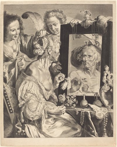 En gammal kvinna vid toalettbordet av Jeremias Falck after Johann Liss after Bernardo Strozzi