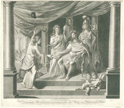 Allegori om nationalförsamlingen, 1796 Symboliskt konsttryck vid nationalförsamlingen som representerar folket i Nederländerna (titel på objekt) av Jeremias Snoek