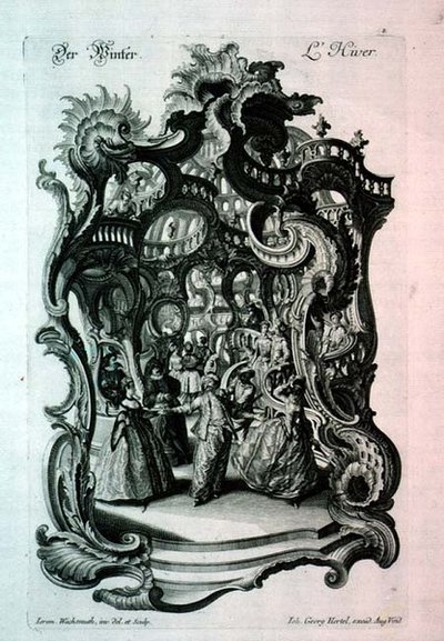 Vinter, rokokomusikblad föreställande en prydnadsboll, pub. av Johann Georg Hertel av Jeremias Wachsmuth