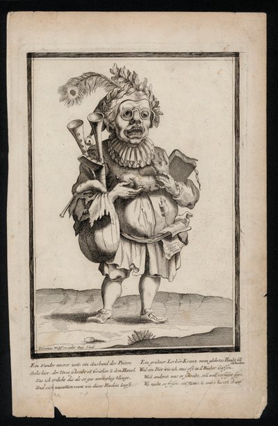 Man bär en uppsättning säckpipor och bär en påfågelfjäderhuvudbonad, surrealistiskt dräkttryck, c1700 (gravyr) av Jeremias Wolff