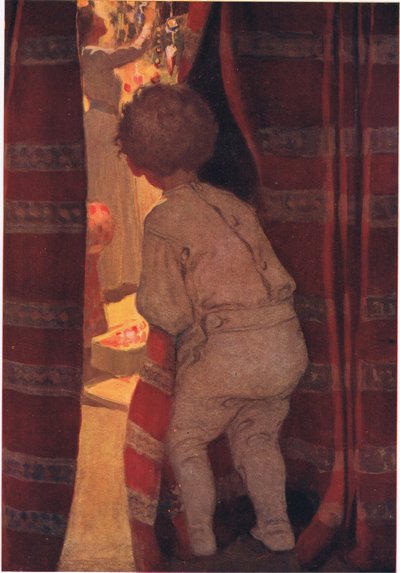 Han smög ner för att ta en titt i salongen (färg litho) av Jessie Willcox Smith