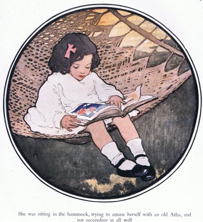 Hon satt i hängmattan och försökte roa sig med en gammal atlas och lyckades inte alls bra (färg litho) av Jessie Willcox Smith