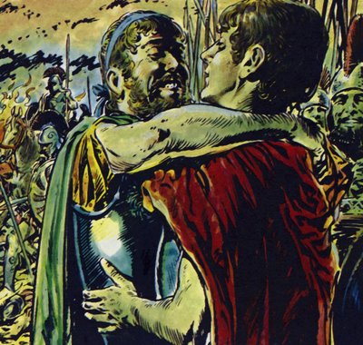 Alexander tillsammans med sin far i strid mot grekerna (färglitografi) av Jesus Blasco