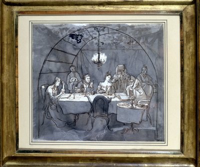 Fête des Cabanes på restaurang Kasher av familjen Moses Ulmann. Ritning på papper, penntvätt 1831 35,5 x 31,3 cm. (JM 189) Judiska museet Basel, Schweiz. av Jewish School
