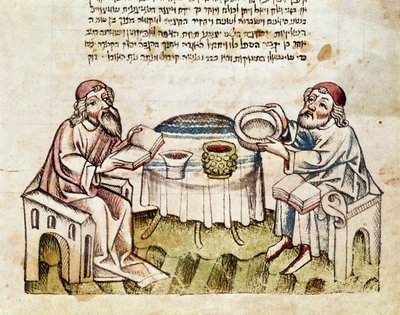 Judendom: "" två rabbiner firar påsk med ceremonin för Seder"" Miniatyr från en Mahzor (bönebok på hebreiska) 1400-talets Parma, Biblioteca Palatina av Jewish School