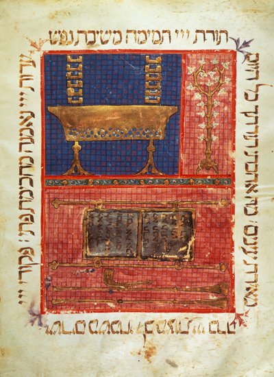 Sida av ett manuskript av en hebreisk bibel. Föremål för dyrkan. 1300-talsbelysning. av Jewish School