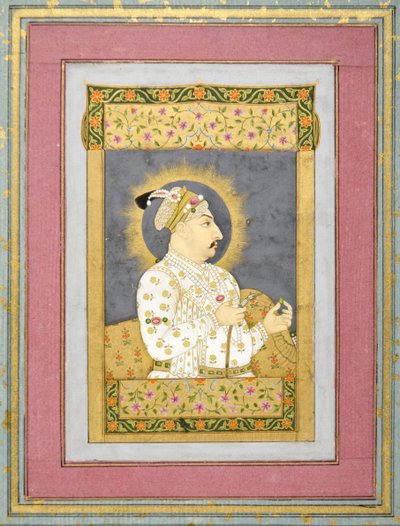 Porträtt av Muhammad Shah som håller en smaragd och munstycket av en Huqqa, ca 1730 bläck med wc och guld på papper av Jharokha Nidha Mal