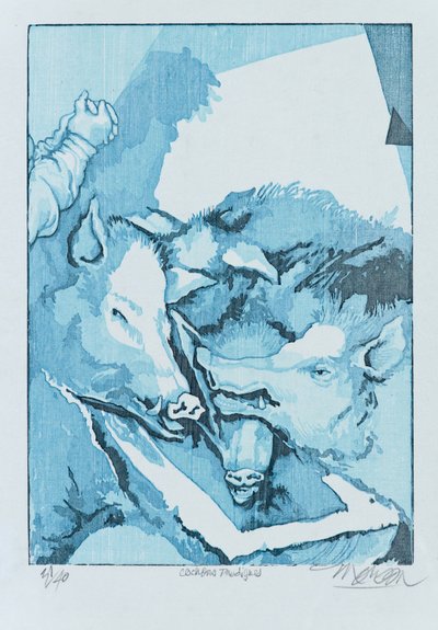 Förlorade grisar, 2015 (träsnitt) av Jim Monson