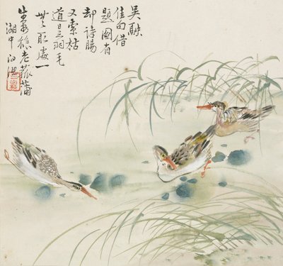 Tre ankor simmar i en bassäng, 1857 av Jin Yuan
