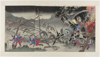 Förstörelse av järnvägen i Manchuriet under det rysk-japanska kriget Nichiro Shiberia tetsudô Manshûsen hakai no zu (titel på objekt) av Jinsai Rosetsu
